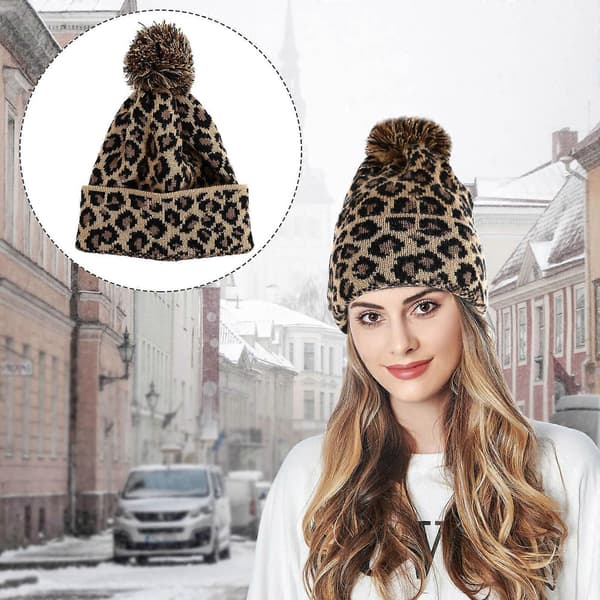 Stickad ullmössa med leopardmönster, varm mössa för att hålla värmen