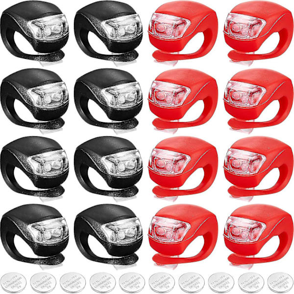 16 stk LED Sykkellys, Klips på Sykkellys, Foran og Bak Silikon LED Sykkellyssett, Vanntett Sykkelforlys Baklys Sikkerhet [DB] 16pcs red and black