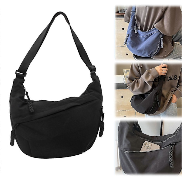 Nylon Halvmåne Väska för Kvinnor, Dumpling Väska Crossbody Väska med Justerbar Axelrem Bröstväska Axelväska för Dagligt Bruk [DB] Black