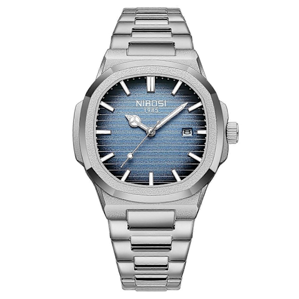 NIBOSI 2632 Stilig Herre Armbåndsur Stållenke Lysende Kalender Quartz Klokke [DB] Multicolor Silver Strap/Blue Dial