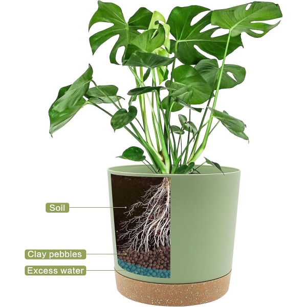 Set med 2 krukor 16 cm, växtkrukor inomhus med dräneringshål och avtagbar botten, modernt dekorativt fat för plantering utomhus (grön 16 cm)