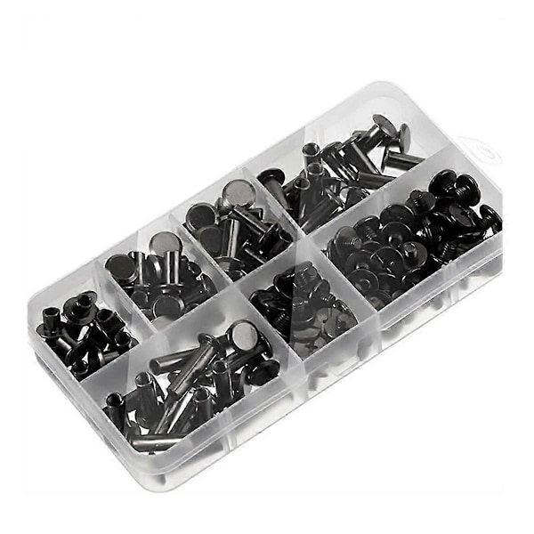 DB 90 Set Chicago Skruvar Kit, 6 Storlekar Skruv Nitar Metall Chicago Bindningsskruvar för DIY Reparation Läderhantverk Bälte Svart-Grå BlackGrey