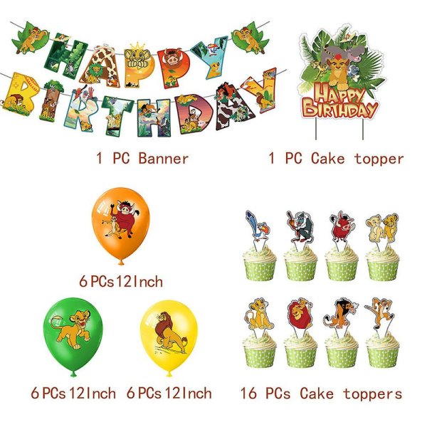 Børn Disney Løvernes Konge Fødselsdagsfestpynt, Tegnefilm-temafester og tilbehør, Inkluderer balloner, banner, kagetopper DB