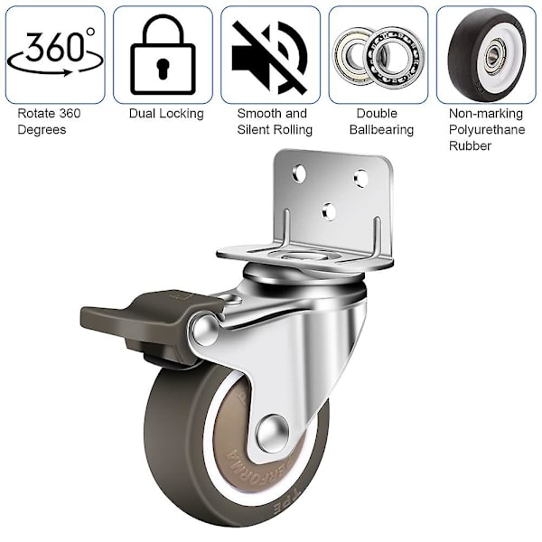 4 kpl pyöriviä pyöriä 50 mm, 100 kg huonekalupyörät, L-tyyppiset huonekalupyörät jarruilla 360 asteen pyöriminen, sisä- ja ulkokäyttöön (2 pyörää jarruilla, 2