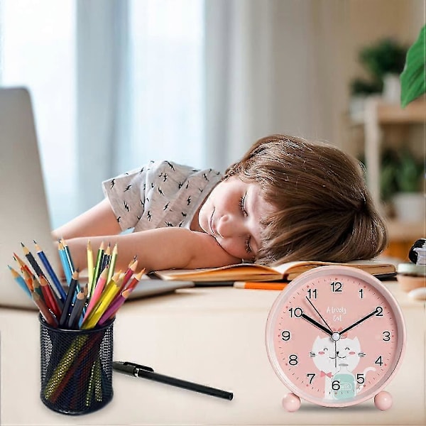 Pedagogisk barnklocka - Dag/natt, Barnklocka Tyst väckarklocka Resväckarklocka (rosa katt) [db]