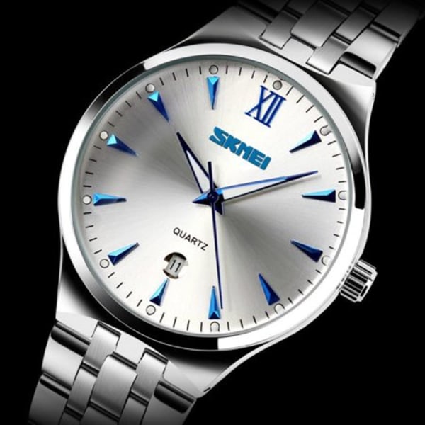 Classic Stainless Steel Men's Watch Simple Design Watch with Calendar Silver Watch (Blue)