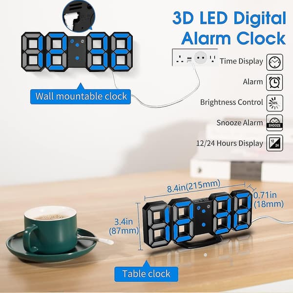 3D LED digital väckarklocka, väggklocka, digital klocka, 3D LED-väckarklocka med 3 justerbara ljusstyrkor