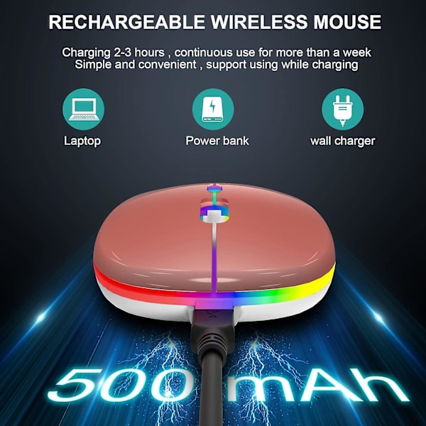 Trådløs datamus med USB-mottaker, oppladbar, lydløs, 2.4G, bærbar, optisk trådløs datamus (roségull) {Db}