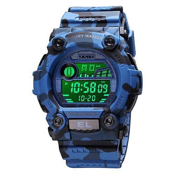 Chronograph Sport Herre Armbåndsur Lysende Display Vandafvisende LED Digitalt Ur [DB] Camouflage Blue