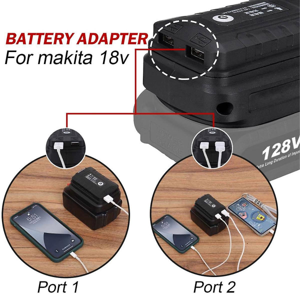 Batteriadapter för 18v ​​Li-ion batteri Dubbla USB utgångsportar Omvandlare Power Bank Telefonladdare Wit