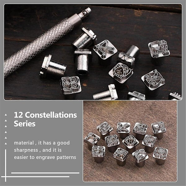 Tolv stjernetegn trykt skinn Lær trykt stjernebilde Lærutskjæring mønster Håndlaget Diy Punch Tool Set
