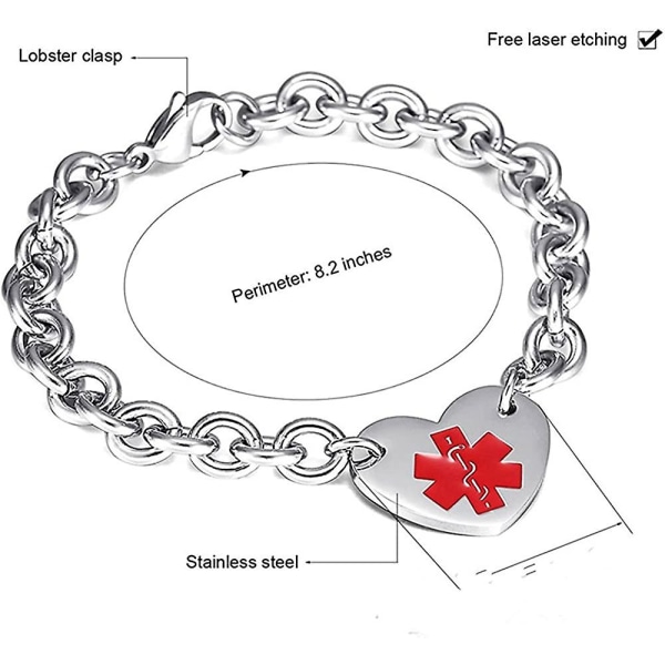 Lf rustfritt stål is Sos tilpasset personlig medisinsk varslingshjerte-sjarmlenkbracelet Rolo-kjede medisinsk varslingsarmbånd overvåking for menn kvinner,