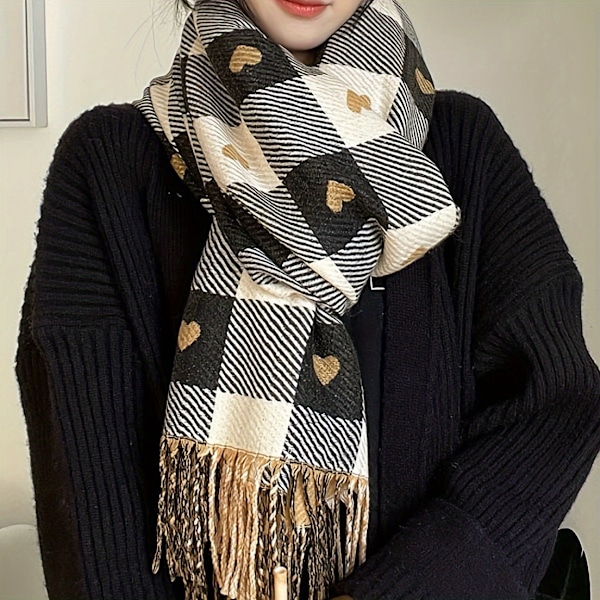 Elegant Hjertemønstret Dame Sjal - Varmt, Vindtæt Polyester Sjal til Aftendater & Fødselsdagsgaver, Perfekt Efterårs/Vinter Tilbehør db Khaki