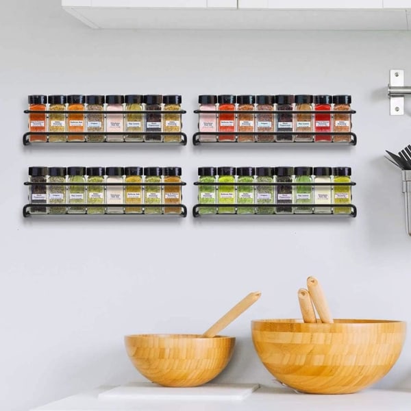 Sett med 4 krydderhyller i metall, veggmontert krydderstativ Enkeltlags krydderhylle hengende krydderhylle med lim eller skruemonterbar