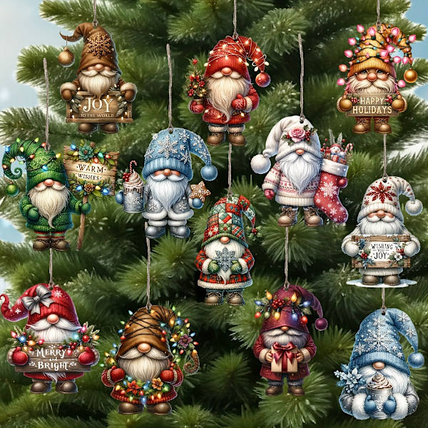 12 st Handgjorda Trähängande Jultomtar - Perfekt Present för Julen - Inga Batterier Krävs 12pcs Set