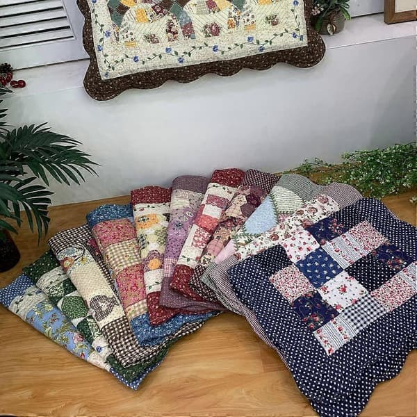 2-delt Boho Bomuld Quiltet Sengepudebetræk Blomstret Trykt Patchwork Pudebetræk Sæt, Standard Størrelse (307 Mørkeblå, 50x70cm)