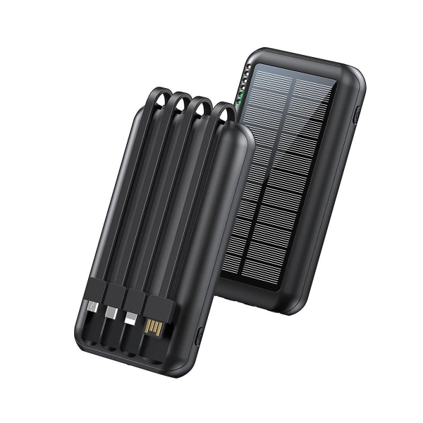 Bærbar solcellelader, 20000 mAh Powerbank indbygget output og input kabler hurtig opladning til Smart