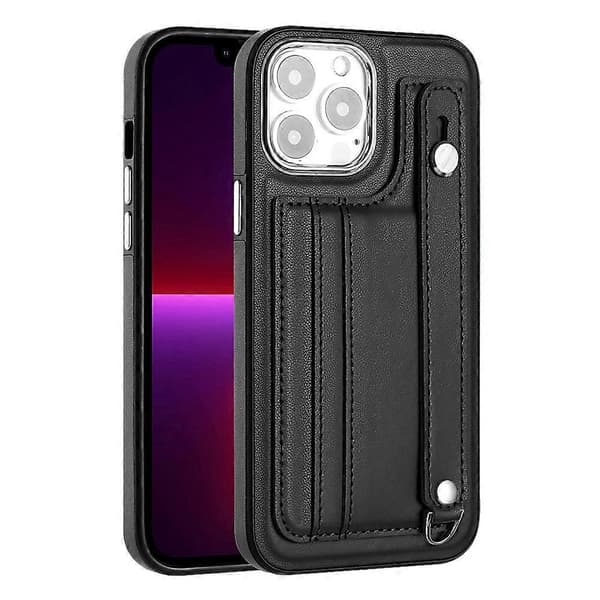 Stöttåligt Läder Telefonfodral med Handledsrem [DB] Black For iPhone 15 Pro Max