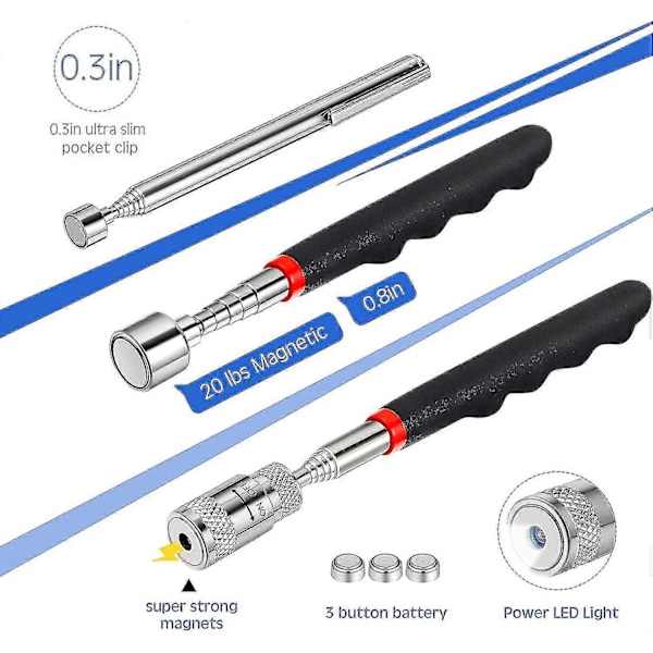 3-osainen teleskooppinen magneettinostotyökalu sisältää 8 lb LED-valolla varustetun magneettinostimen ja magneettisen sauvan [DB]
