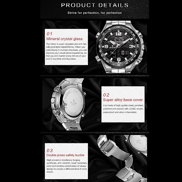 Herre Analog Digital Ur Herre Business Ur 3ATM Vandtæt Armbåndsure med Rustfrit Stål Rem Multifunktionelt Selvlysende Sportsur Chron [DB] Black