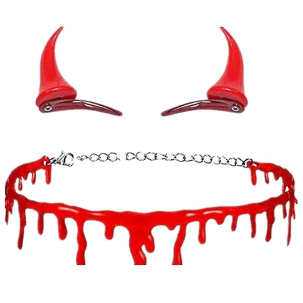 2st/ set Dripping Blood Halsband Small Demon Devil Horn Hårklämmor Roliga Halloween hårnålar Hemskt halsband Cosplay kostym
