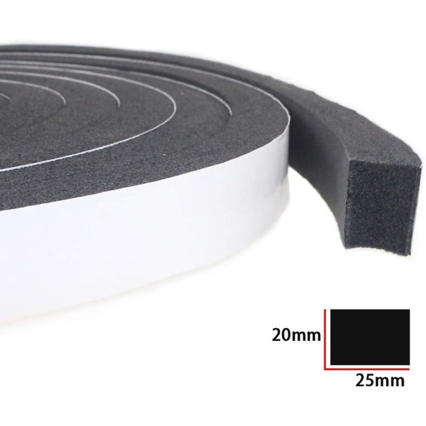 Vindue- og dørforsegling, skumgummi klæbende forsegling, 25 mm bred x 20 mm tyk x 5 m lang, sort