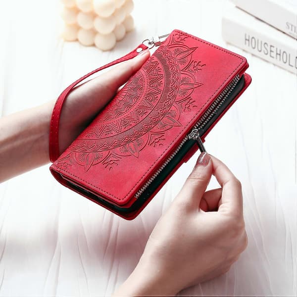 Style 006 til iPhone 16e Wallet Case PU Læder Telefon Cover Mandala Blomster Mønster [DB] Multicolor Red