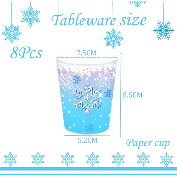 Blå og hvit snøfnugg julefest papirkopper, 8 stk julevinter engangskopper Frozen P [DB]