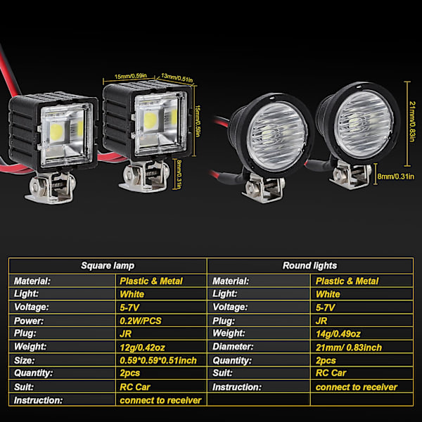 Injora LED-lys, lyse forlygter, projektør til 1/10 RC Crawler-bil Trx4 Trx6 Axial Scx10 90046 Wraith Rr10 Vs4-10 Redcat Gen8 [DB] Square 4LED