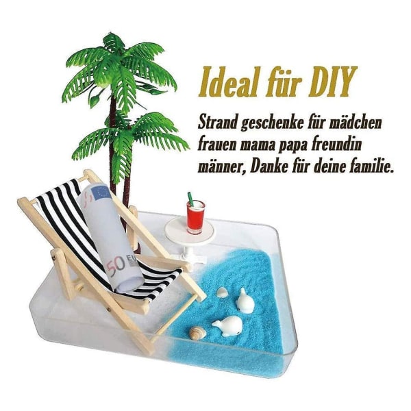 1/12 dukkehus tilbehør Miniature strandsæt dekoration Strand mikrolandskab med liggestole Parasoller Palmetræ db
