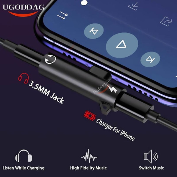 2 in 1 -ääniliitäntä kuulokkeiden latauskahteensovitin jakaja iPhonelle Huaweille 3,5 mm:n liittimeen korvakuulokkeiden Aux-kaapeliliitäntään