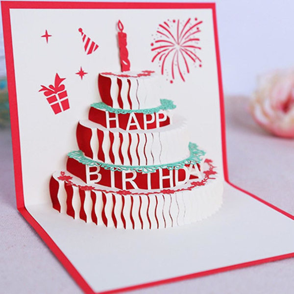 Luovat syntymäpäiväkakkukynttilät 3D Pop Up Paperiset onnittelukorttifestivaalilahja Jikaix Red