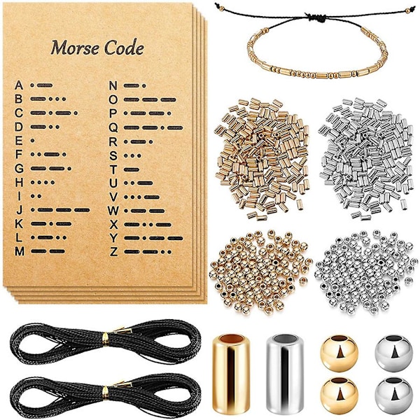 DIY Morse Kode Armbåndsfremstillingskit 400 Runde Afstandsperler 400 Lange Rørperler [DB] Gold-color
