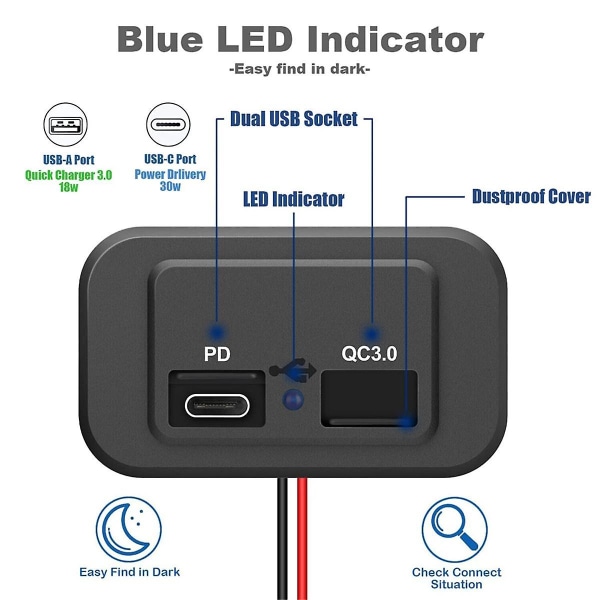 2 kpl 12v/24v Rv Usb-pistorasia, kaksois Pd3.0 Type-c (usb C) & Quick Charge Qc3.0 Usb-a Porttipaneeli C