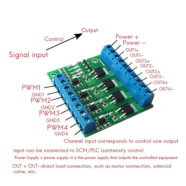 4-kanals Mos Plc-förstärkarkortdrivrutinmodul Pwm 3-20v till 3,7-27v Dc 10a-kortdrivrutin 4-kanals
