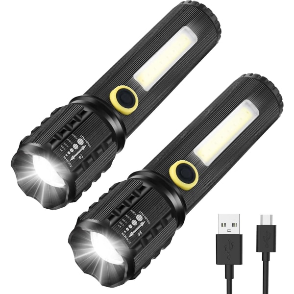 Led ficklampa, 2-pack ficklampa justerbar och zoombar ljusa ficklampor, nöduppladdningsbar led-ficklampa, 11 cm