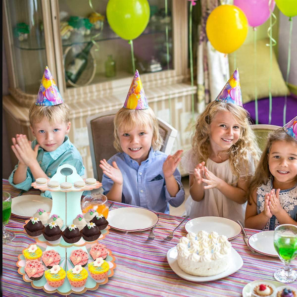 3 etasjes kakefat for ettermiddagste, biologisk nedbrytbart blå cupcake-stativ i papp, rundt desserttårn for fest, bursdag, jubileum, bryllup