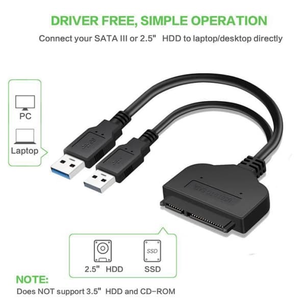 SATA 22-pin til USB 3.0 adapterkabel for 2,5\" SATA 1, 2,5\" SATA 2 HDD og SATA SSD harddisker