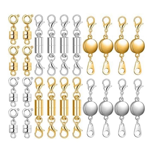 24 stk. 3 Stilarter Magnetiske Halskæde Spænder og Lukninger, Magnetisk Spænde Connector Låsende Spænde Udvide [DB] SilverGold