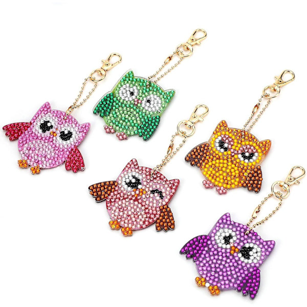 5 st DIY uggla diamantmålning nyckelringar, DIY 5D mosaikform diamantmålning nyckel [DB]