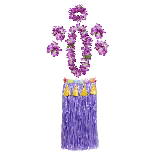 1 sett Hula-skjørt høyelastisk iøynefallende plastfiber Hawaiian Hula-gress-skjørtsett for sommer Jikaix Purple