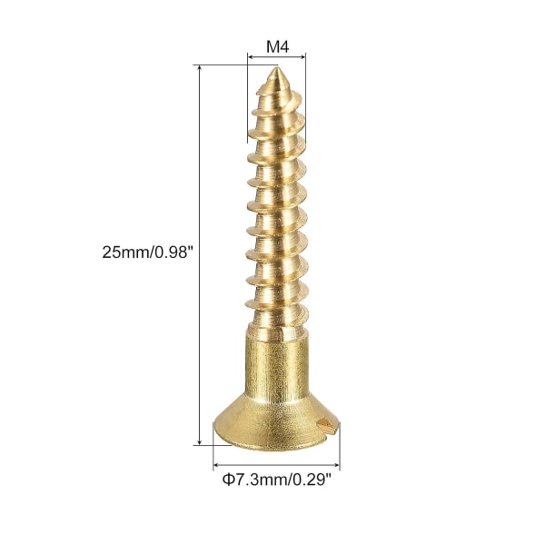 100 stk. M4 x 25 mm messingtræskruer med fladt hoved og slids