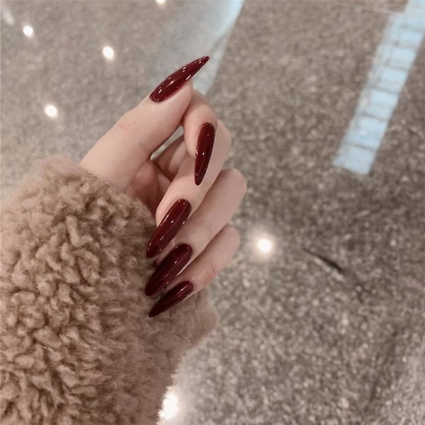 24 st Vinröda rena färgade långa kistformade glänsande falska naglar tryck på nagel falska tips manikyr för kvinnor och flickor