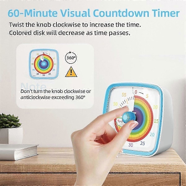 60-Minutters Visuel Timer med Natlys, Nedtællingstimer, Pomodoro Timer med Regnbue Mønster til Børn og Voksne [DB] Blue