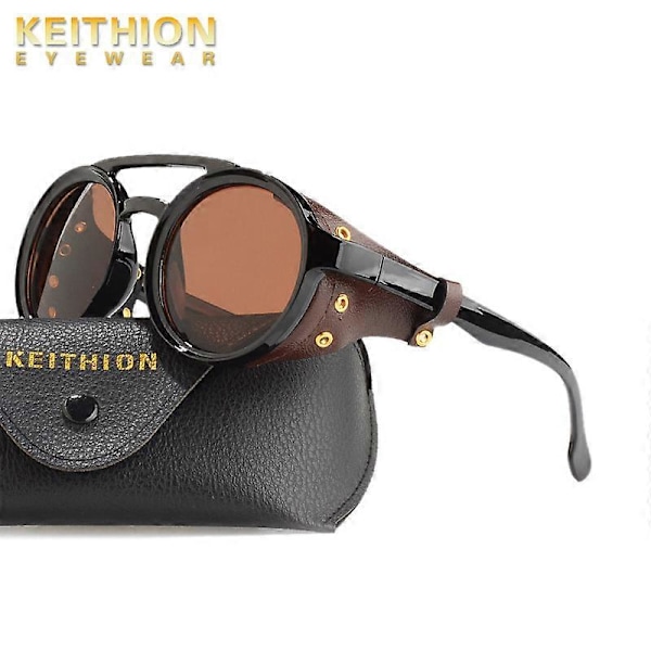 KEITHION, Retro Premium Cool Steampunk Runde Solbriller, Med PU Læderskjolde & Dobbelte Broer, Til Mænd Kvinder Udendørs Fest Ferie Rejse [DB] Brown