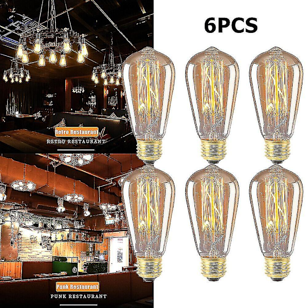 6 stk Vintage Retro ST64 E27 Edison Pærer 40W Glødetråd Pære [DB]