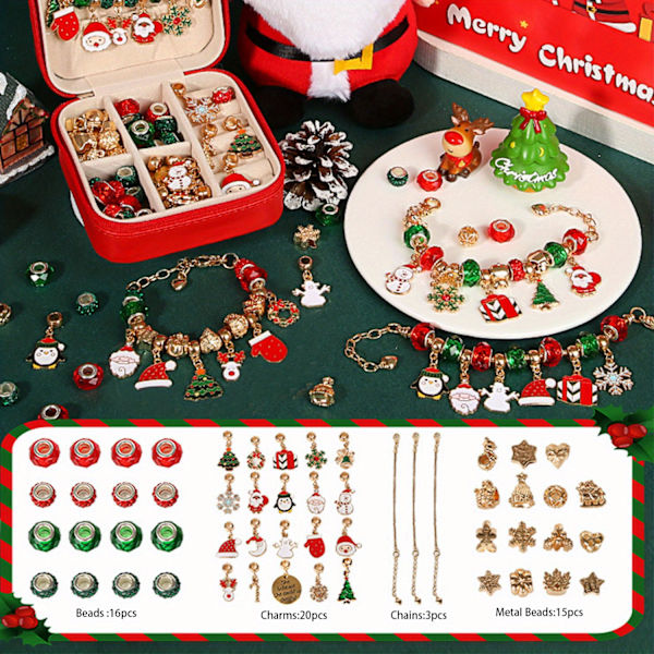 Julcharm Armband Gör-Det-Själv-Kit, Elegant Rödgrön Serie DIY Pärlor för Konst och Hantverk Smyckestillverkningskit, Julgåvosats Christmas Set