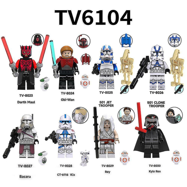 8pcs/set Star Wars Series Building Blocks Minifigures Toy Darth Maul Obi-wan Rey Assembly Action Figures Toys Kids Fans Collectible Gift [DB]