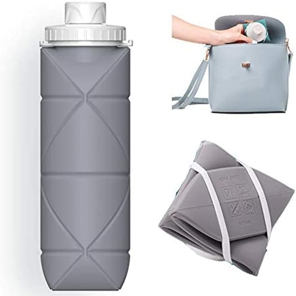 Sammenleggbare vannflasker Lekksikker ventil Gjenbrukbar BPA-fri silikon sammenleggbar vannflaske-grå