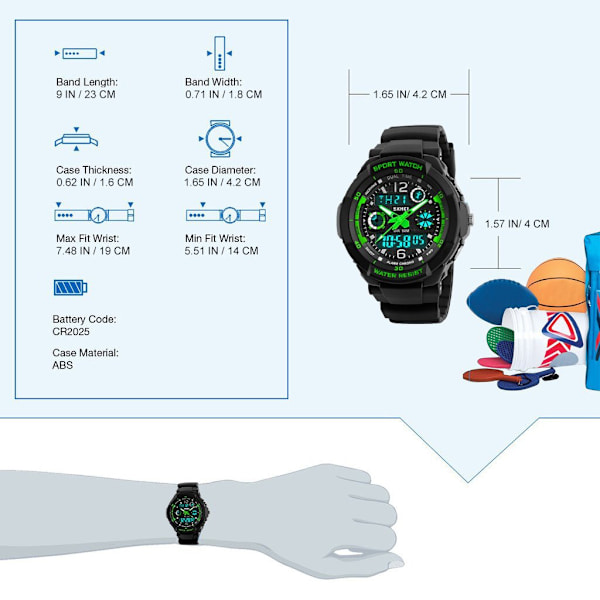 Pojkar Digital Klocka - 50M Vattentät Utomhus Sport Analog med Alarm/Timer/Dubbel Tidszon/LED-Ljus